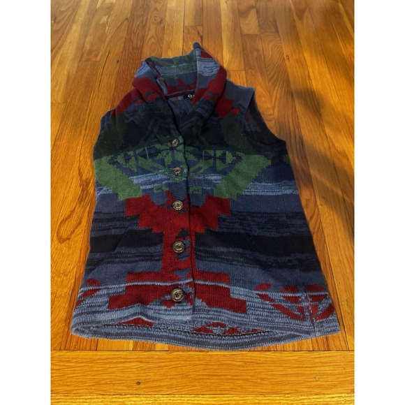 Chaps Sweater Womens Shawl Collar Aztec Southwestern Blue Red Knit Vest S - Picture 1 of 9
